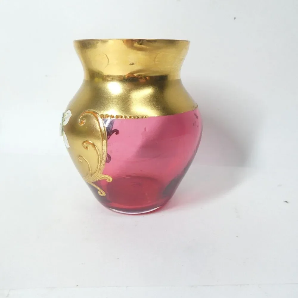 Cranberry Glass Vase Gold Flowers Bohemian Czech Vintage 3.5